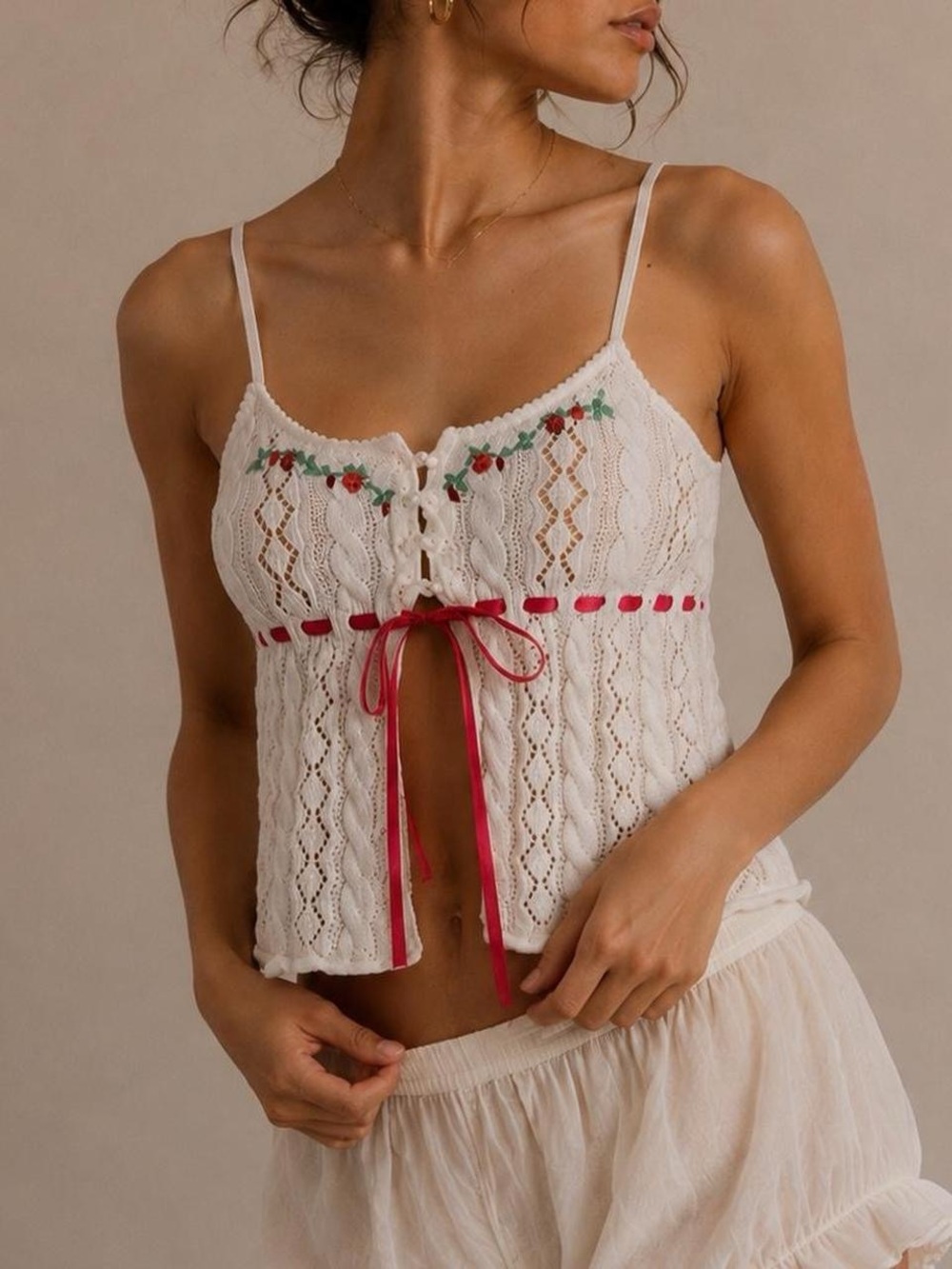 Kimchi Blue  Crochet Lace Tie-Front Camisole in Cream with Pink Trim